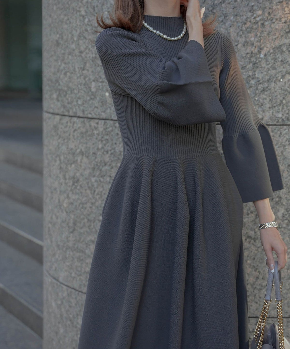 レディース/ワンピース/ホールガーメント/ニット/ベルスリーブ/8分袖/春/秋/冬/ミックス/チャコール/ネイビー/ホワイト/グレー/ブラック