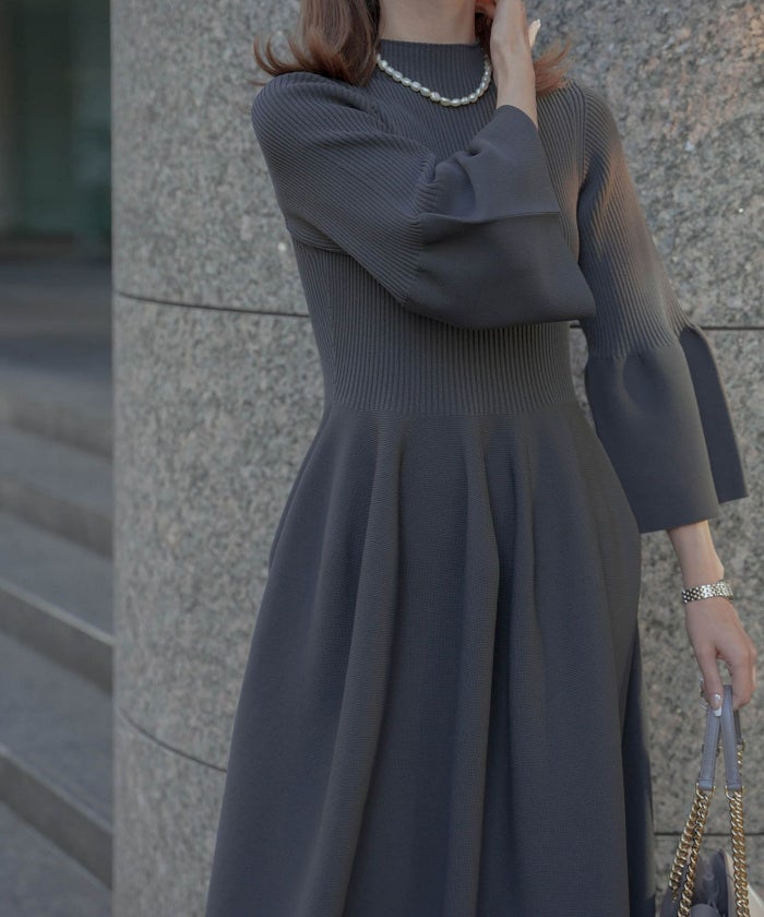 レディース/ワンピース/ホールガーメント/ニット/ベルスリーブ/8分袖/春/秋/冬/ミックス/チャコール/ネイビー/ホワイト/グレー/ブラック