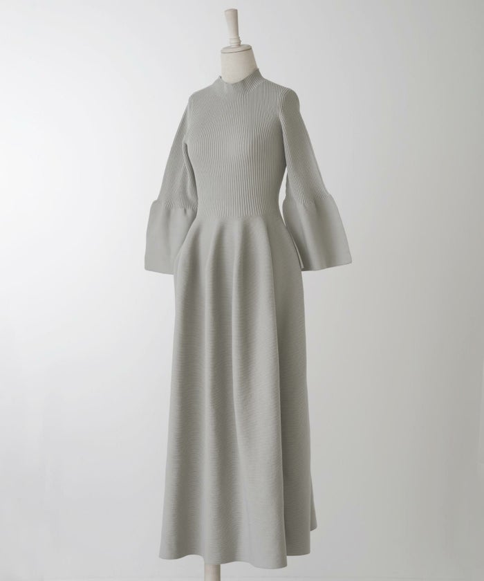 レディース/ワンピース/ホールガーメント/ニット/ベルスリーブ/8分袖/春/秋/冬/ミックス/チャコール/ネイビー/ホワイト/グレー/ブラック