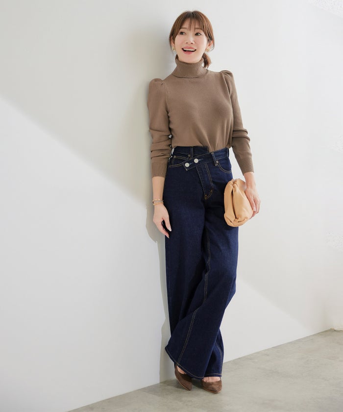 新色追加 手洗い可 S/M/L 大人カジュアル 秋冬春 シンプル かわいい オフィス 上品 ジョイントスペース ＜エコヴェロ＞タートルネック 袖山ギャザー ニット Liala×PG Liala×PG