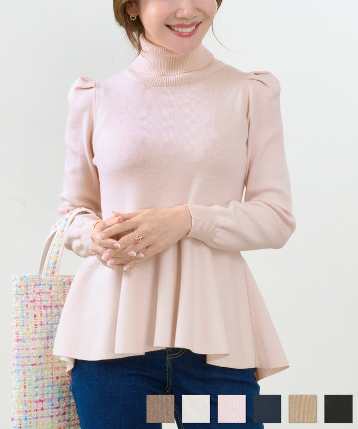 新色追加 手洗い可 セットアップ対応ニット トップス レディース かわいい 大人 オフィス きれいめ 色 秋冬春 ジョイントスペース タートルネック ペプラム ニット プルオーバー Liala×PG