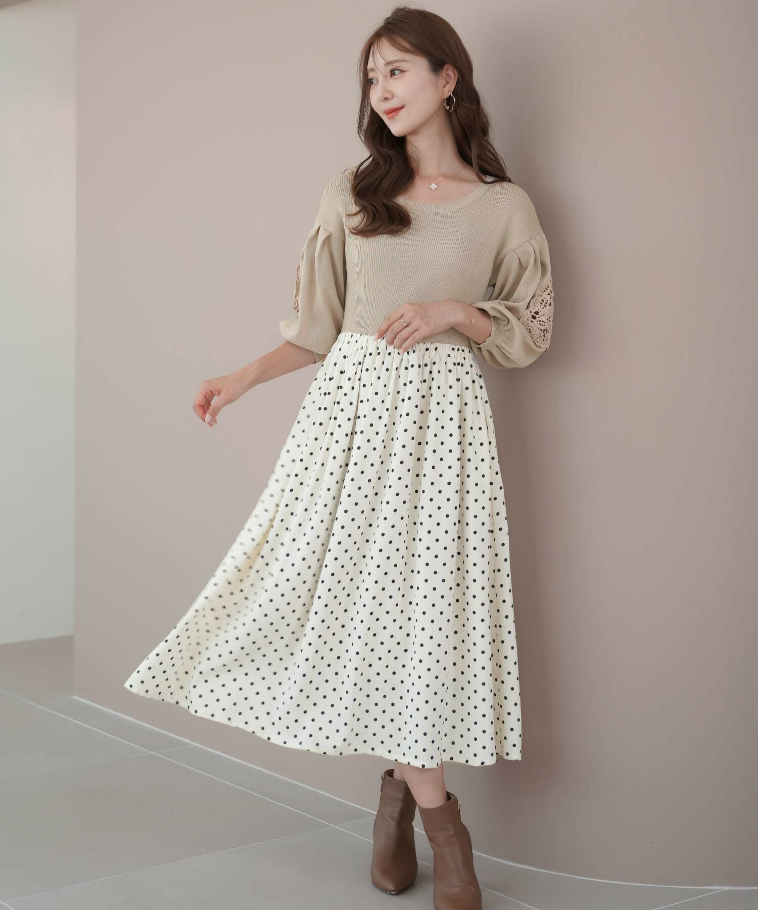 ドット柄 ドッキング 袖レース ニット ワンピース le reve vaniller 全