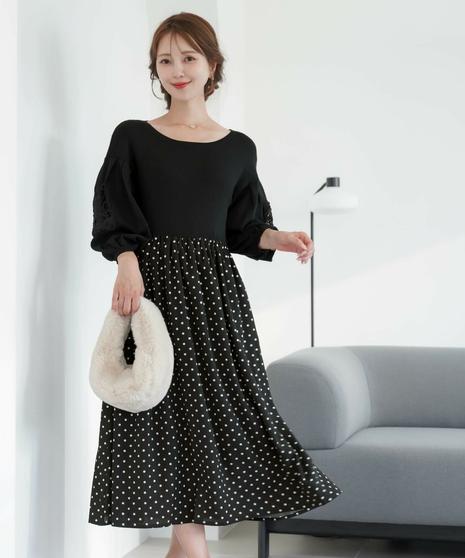 ドット柄 ドッキング 袖レース ニット ワンピース le reve vaniller 全