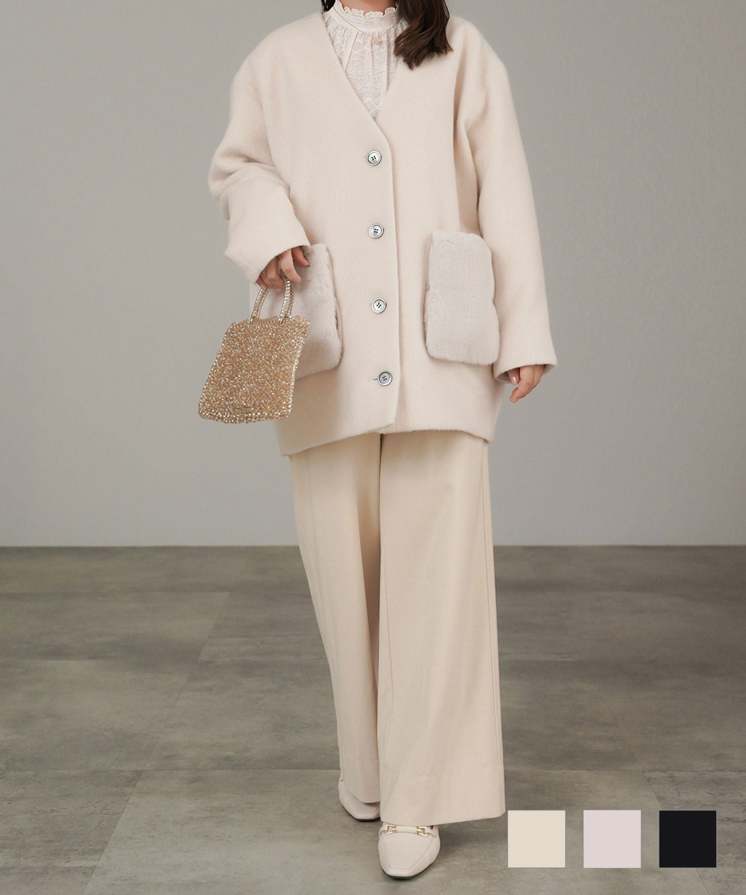 ポケット ファー ノーカラー コクーン コート lieulien×Chika 全3色