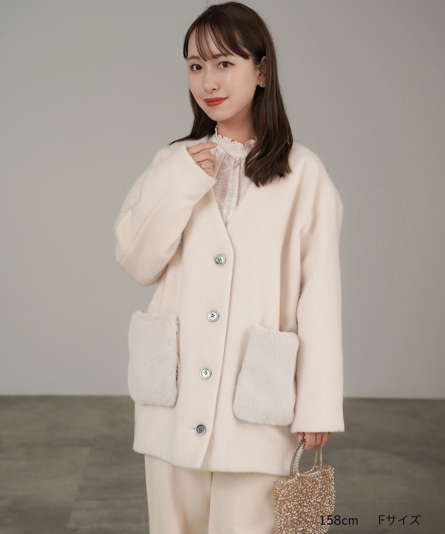 ポケット ファー ノーカラー コクーン コート lieulien×Chika 全3色