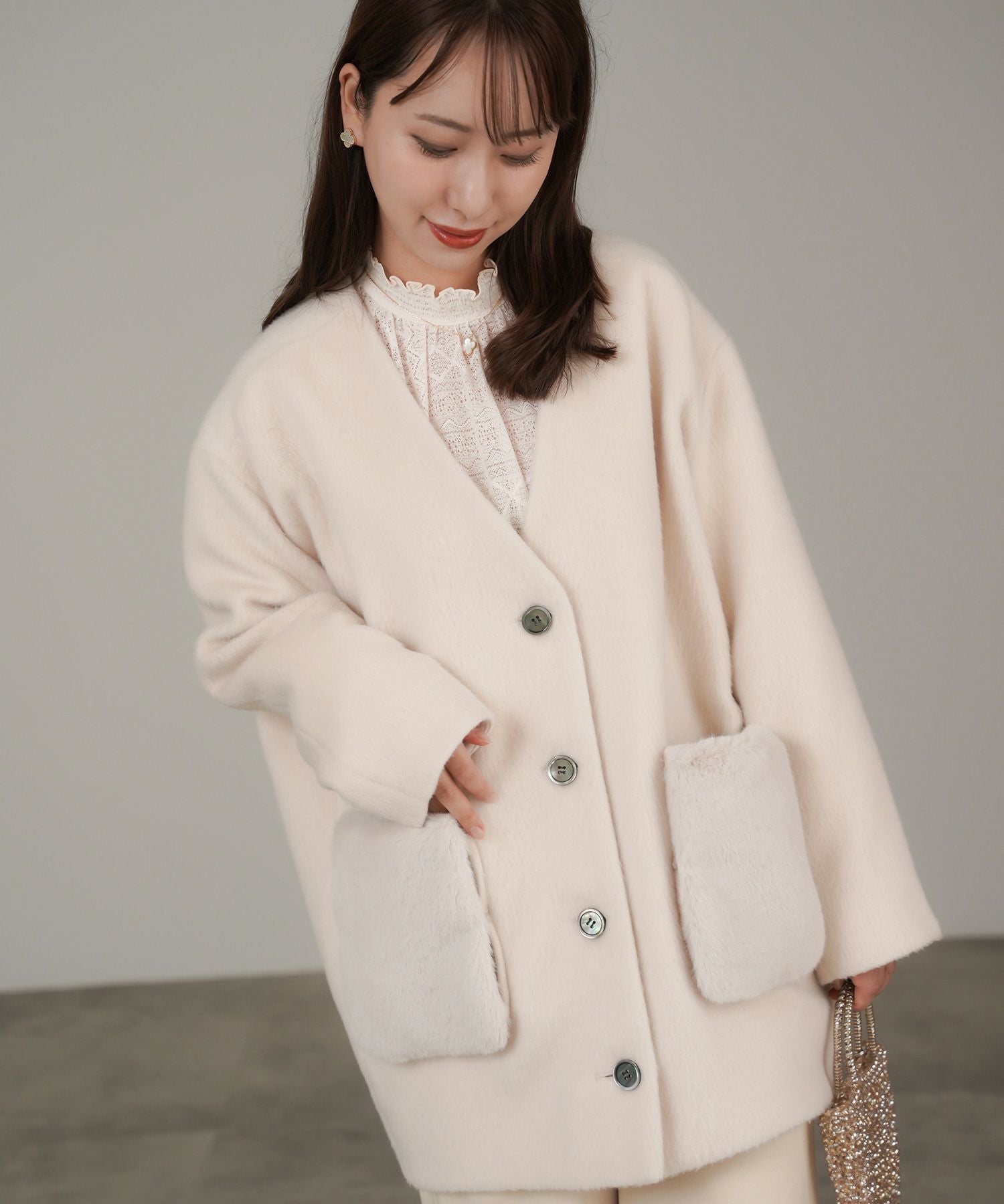 ポケット ファー ノーカラー コクーン コート lieulien×Chika 全3色