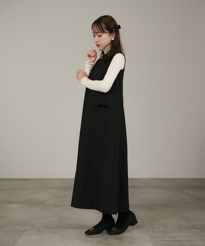 ワンピース/ダブル/ジョーゼット/ノースリ/Aラインワンピース/ネイビー/キャメル/チャコール/ブラック/フリー