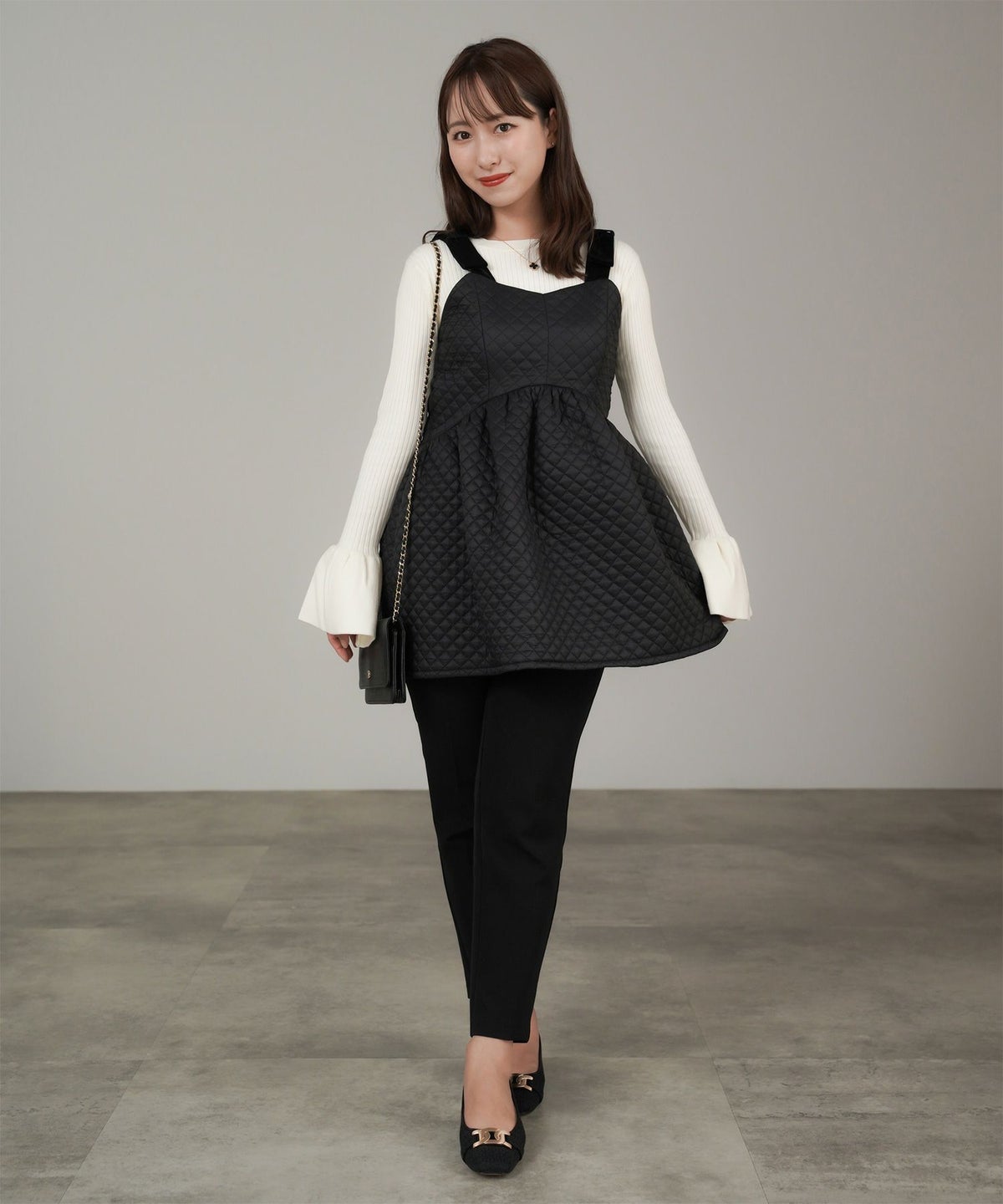 ビスチェ/リボンストラップ /キルティングビスチェ/チャコール/キャメル/ブラック/フリー