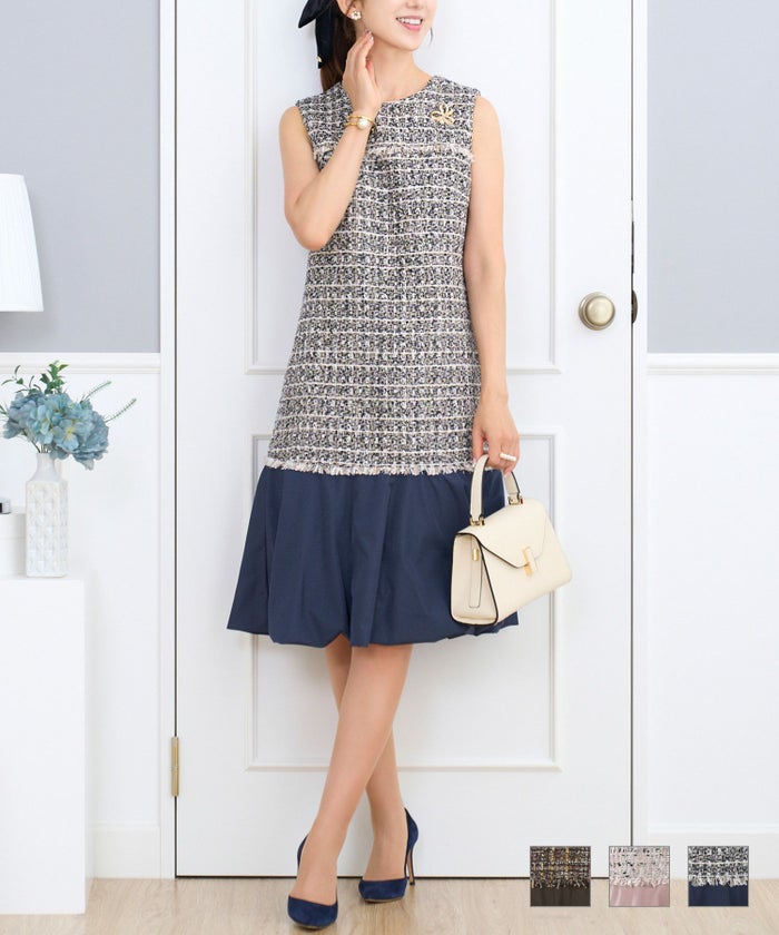 新色追加 ワンピース ツイード タフタ ドッキング フリンジ ファンシーツイード ノースリーブ ファスナー ブラウン ピンク ネイビー S M 秋 冬 春 タフタコンビ パフヘム ツイードワンピース Prima Scherrer