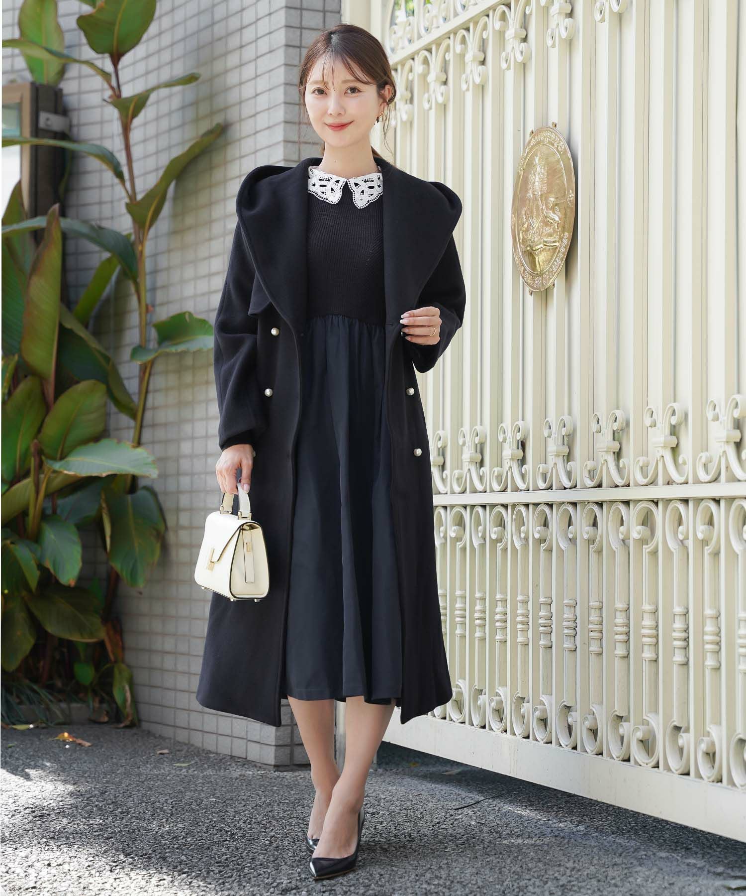 ダブル パールボタン カシミヤ混ウール コート le reve vaniller 全3色