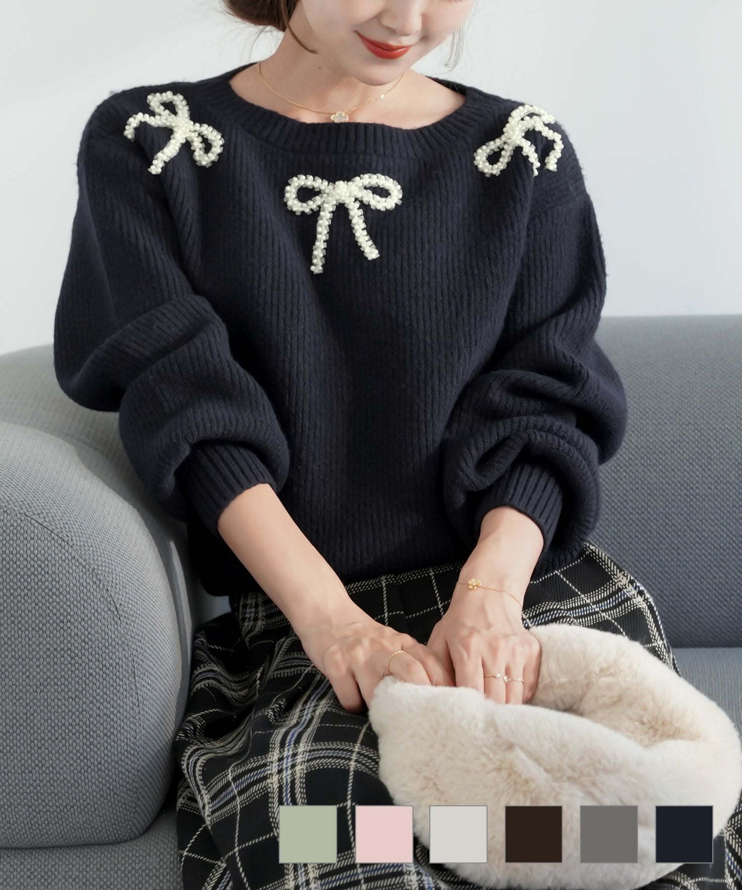 リボンモチーフ パール ニット トップス le reve vaniller 全6色