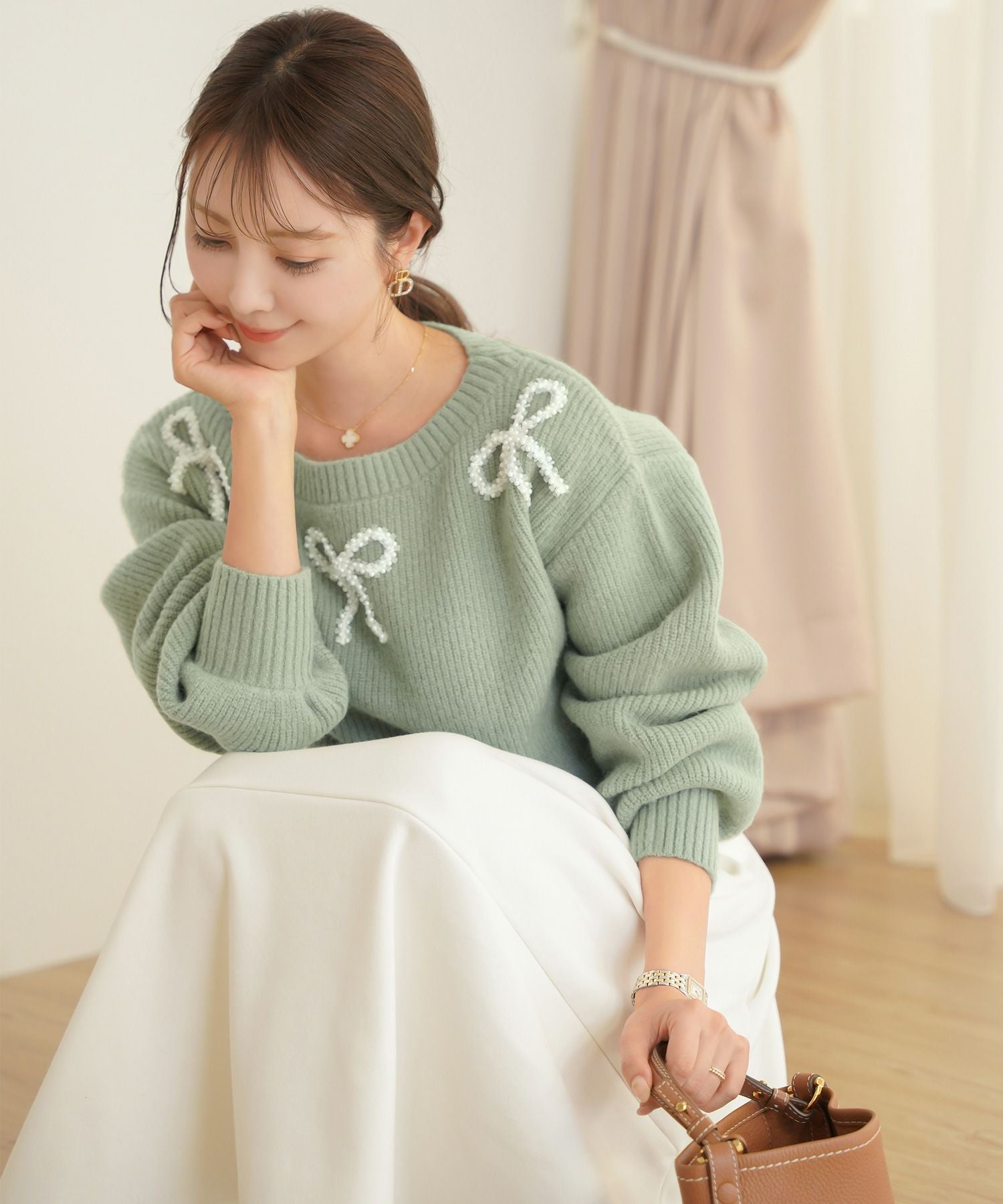 CLEARANCE-SALE リボンモチーフ パール ニット トップス le reve