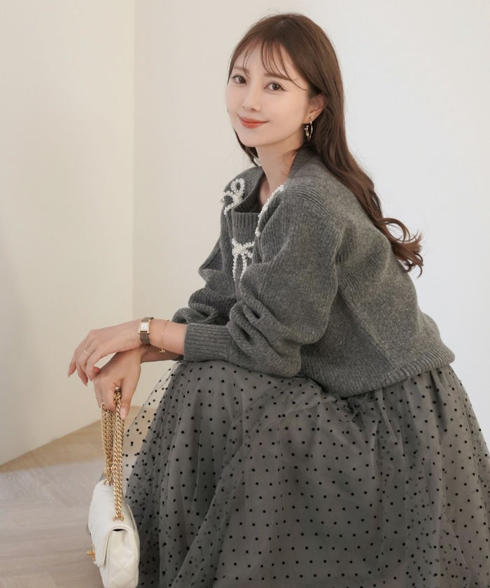 レディース/ニット/トップス/厚手/ふっくら/パール/リボン/チュール/長袖/秋/冬/お出かけ/デート/クリスマス/エレガント/フェミニン/上品/可愛い/新色/ミント/ピンク/ライトグレー/チャコール/ネイビー/トレンド