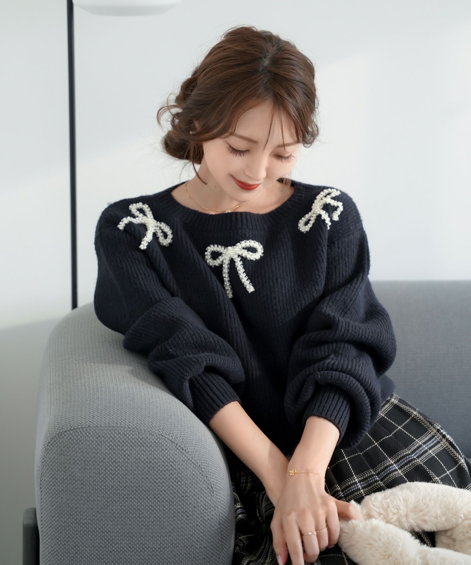 リボンモチーフ パール ニット トップス le reve vaniller