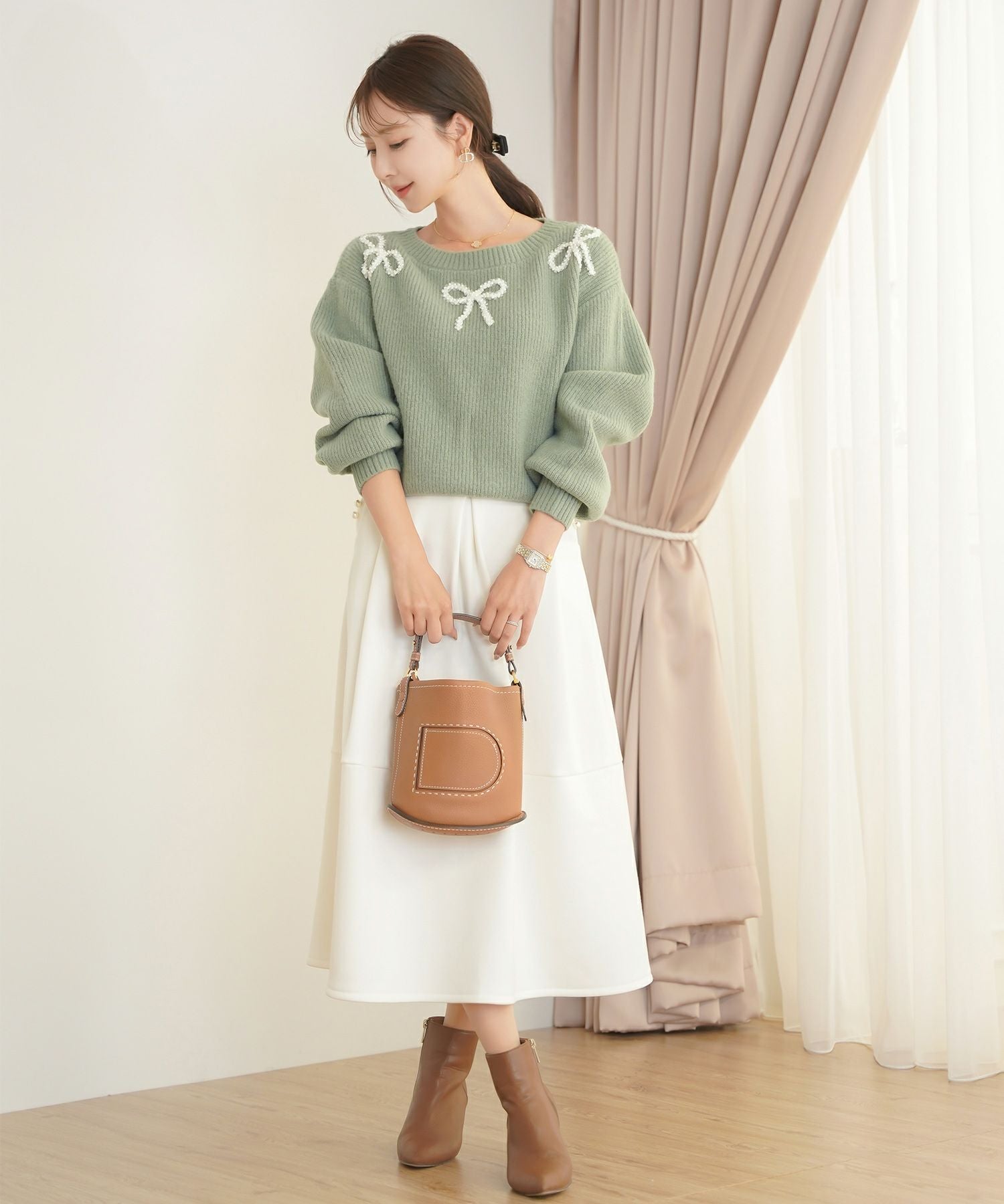 リボンモチーフ パール ニット トップス le reve vaniller 全6色