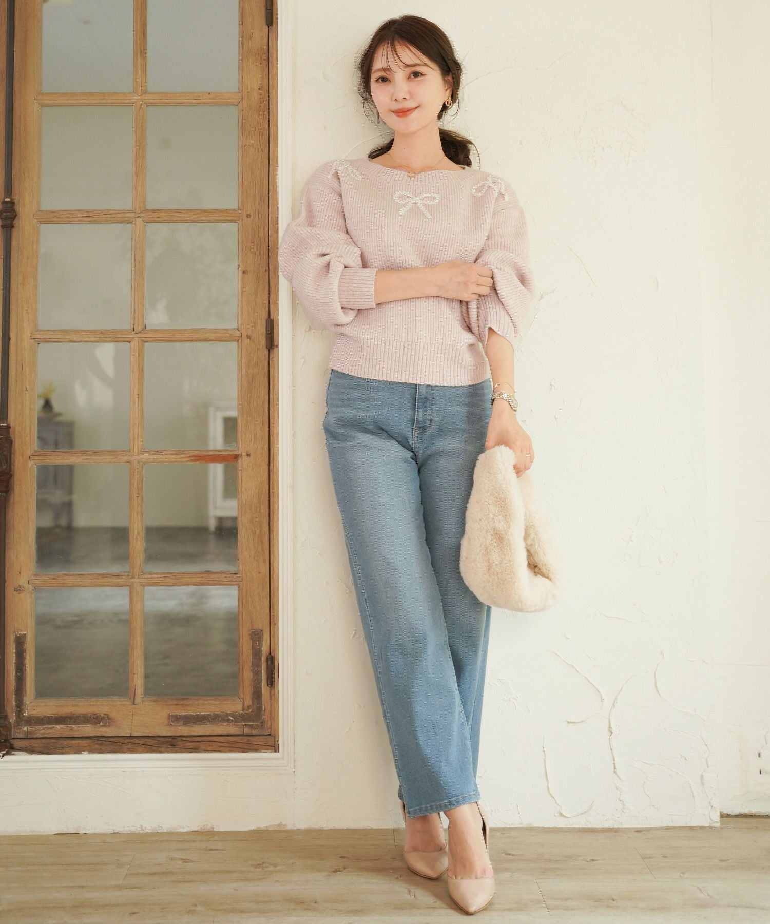 リボンモチーフ パール ニット トップス le reve vaniller 全6色