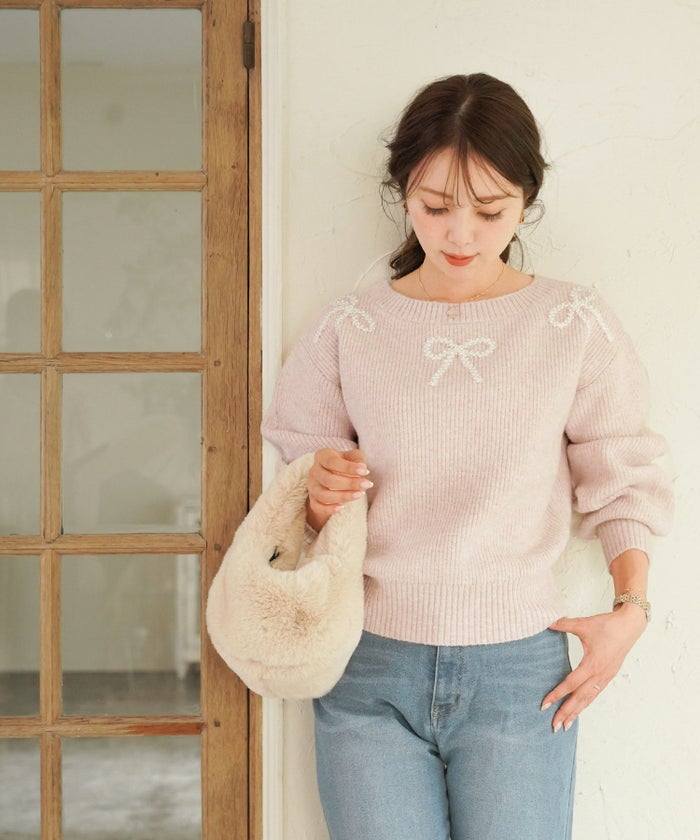 レディース/ニット/トップス/厚手/ふっくら/パール/リボン/チュール/長袖/秋/冬/お出かけ/デート/クリスマス/エレガント/フェミニン/上品/可愛い/新色/ミント/ピンク/ライトグレー/チャコール/ネイビー/トレンド