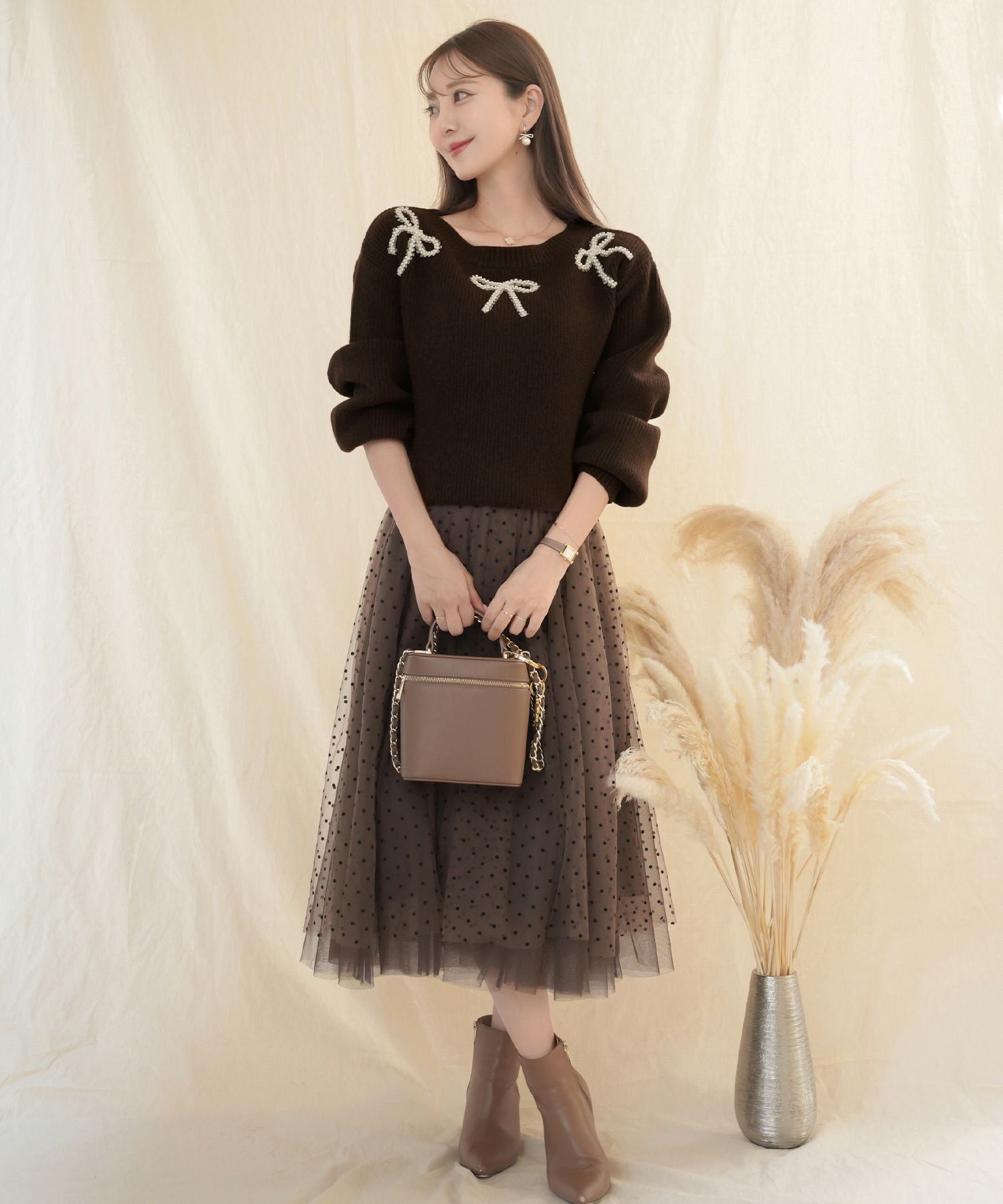 リボンモチーフ パール ニット トップス le reve vaniller