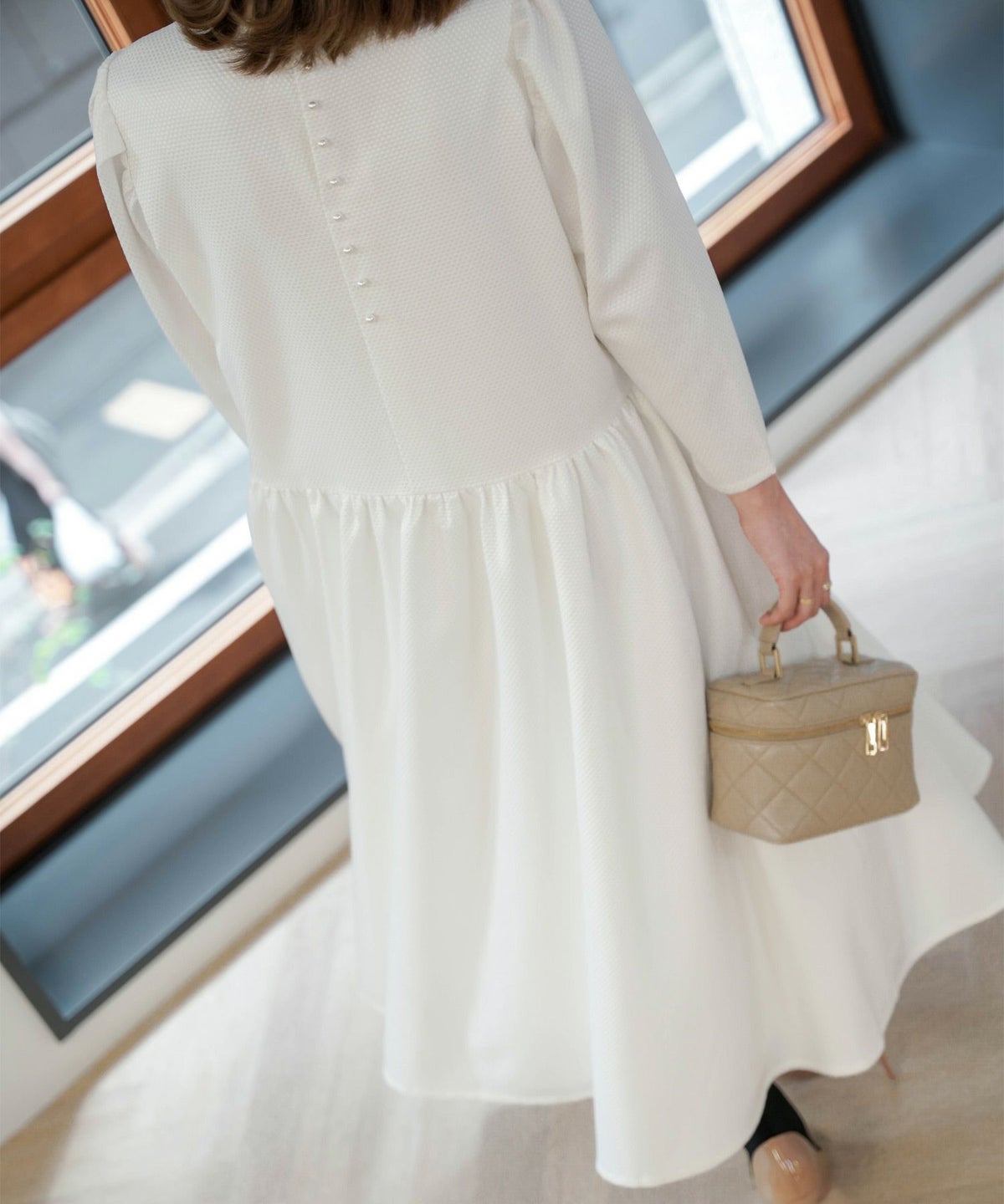 レディース/ワンピース/フレア/パール/フォーマル/長袖/春/秋/冬/ホワイト/ネイビー