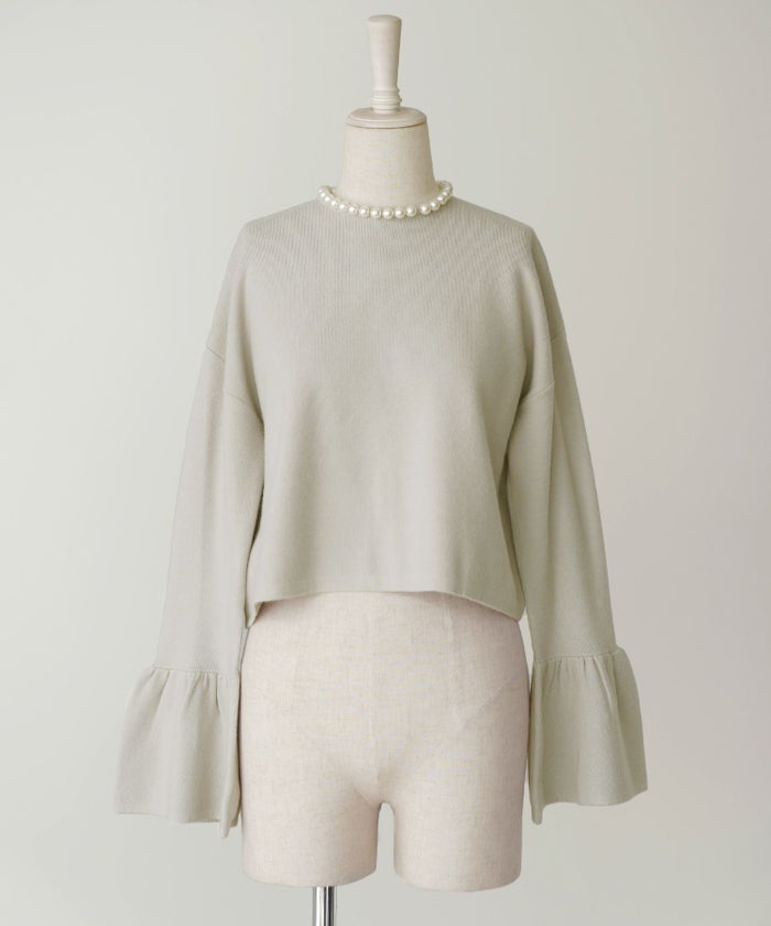 レディース/ニット/トップス/パールネック/ベルスリーブ/春/秋/冬/アイボリー/グレージュ/ネイビー