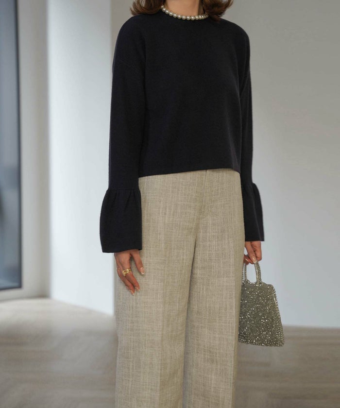 レディース/ニット/トップス/パールネック/ベルスリーブ/春/秋/冬/アイボリー/グレージュ/ネイビー