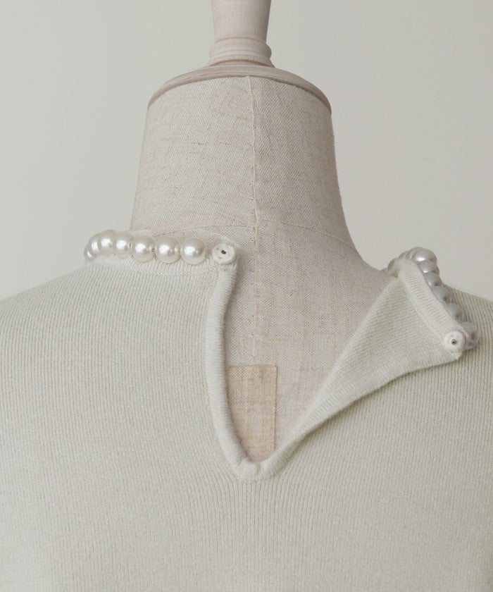 レディース/ニット/トップス/パールネック/ベルスリーブ/春/秋/冬/アイボリー/グレージュ/ネイビー