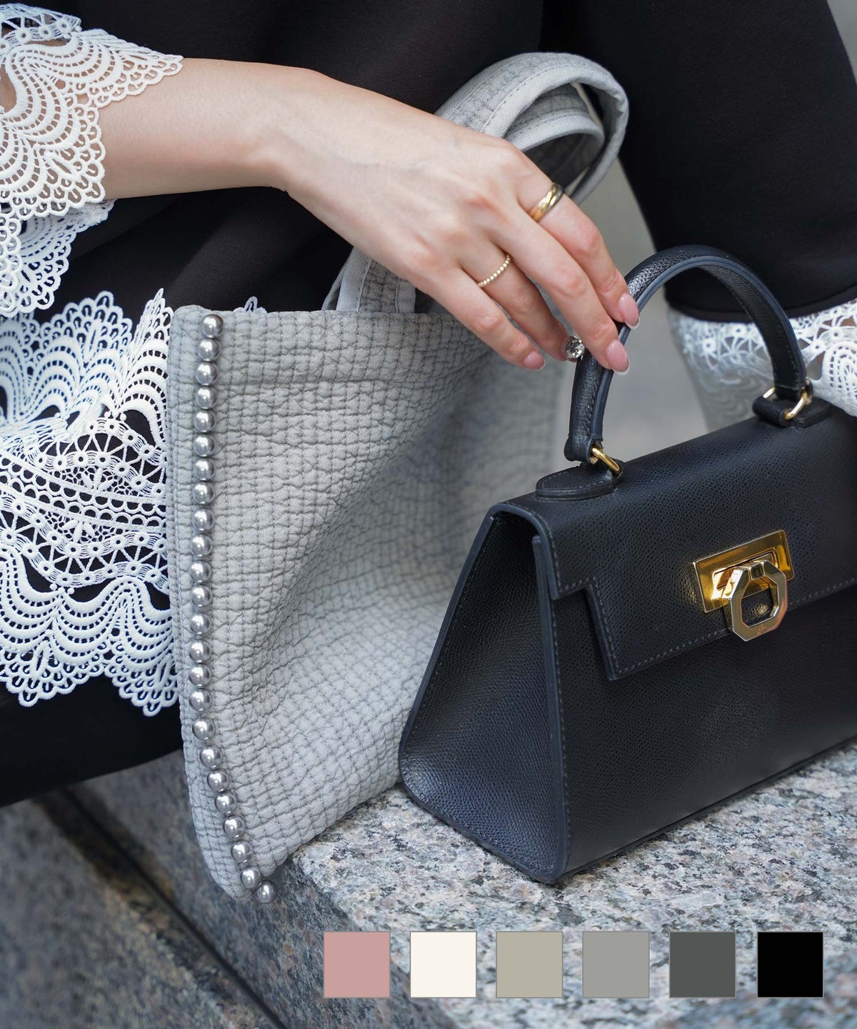 バッグ パール ヌビ ピンク ベージュ チャコール アイボリー グレー ブラック フリー パールトリム ヌビ バッグ HUIT