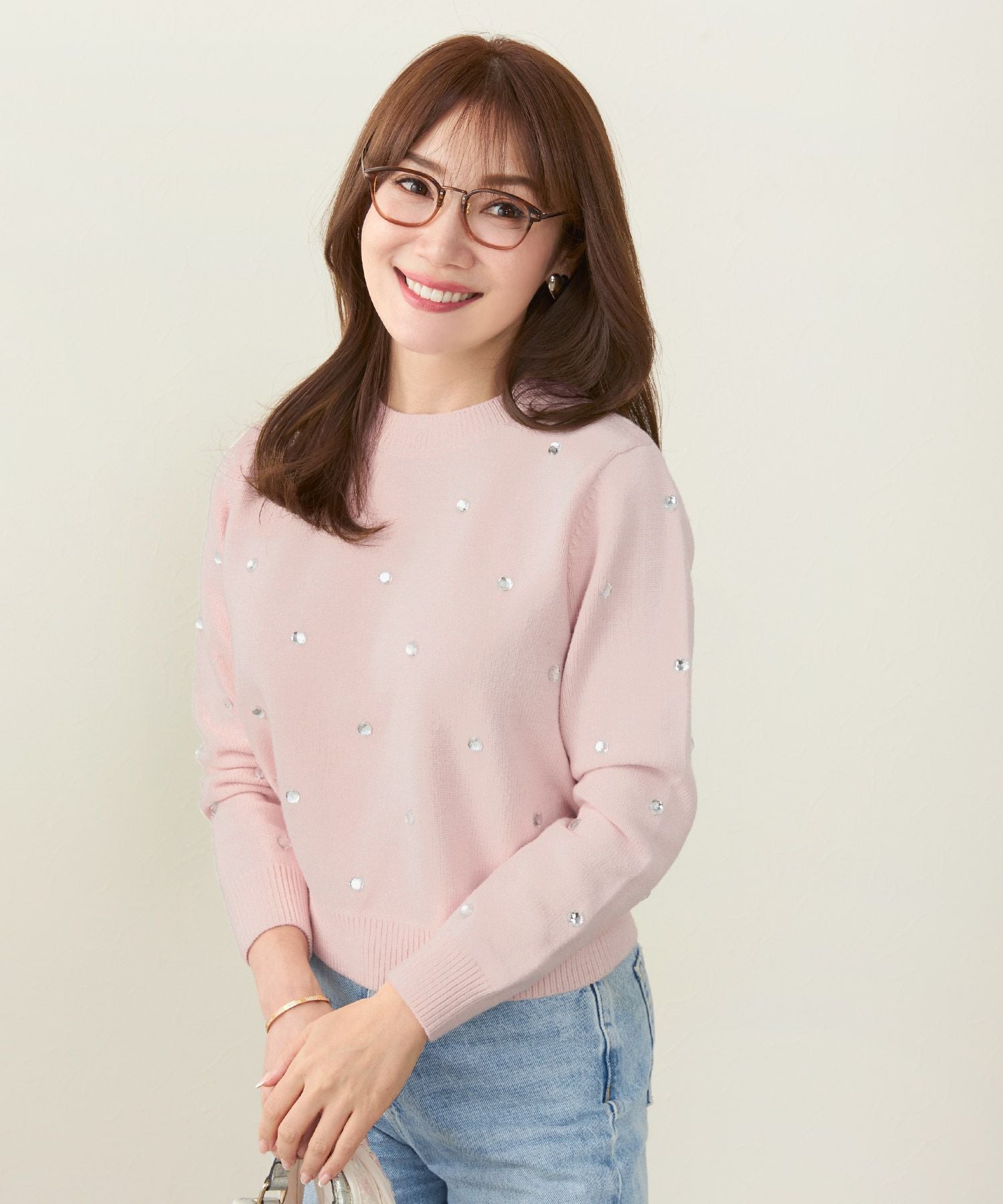 liala×pg ビジューニット　グレー 楽天市場】新色追加 長袖 クルーネック ざっくり ボタン モチーフ 冬