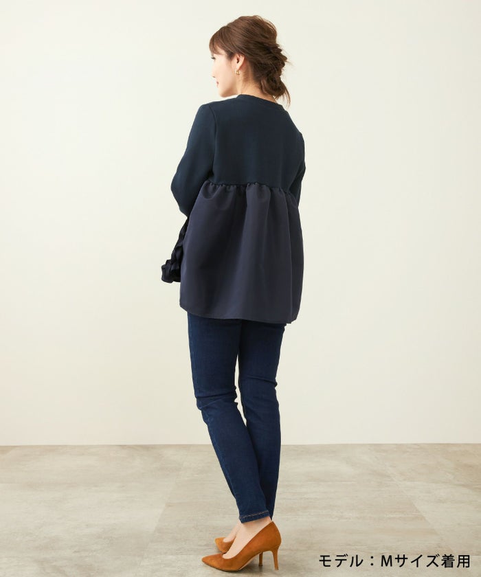 手洗い可/長袖/フリル/サイドラウンドスリット/バックフレア/異素材切り替え/トップス/カットソー/大人可愛い