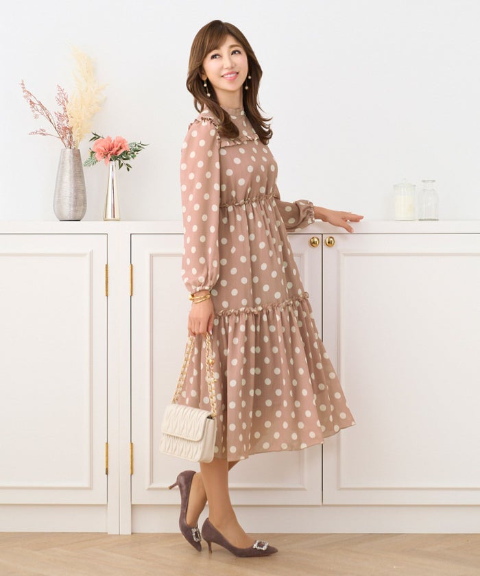 ワンピース/ドット/フリル/ティアード/シフォン/ウエスト切り替え/長袖/フレア/ピンクベージュ/ネイビー/ブラック/フリー/F/秋/春/可愛い/かわいい/華やか/大人/上品/