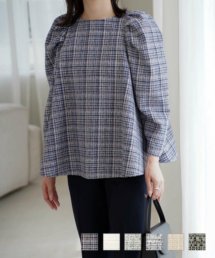 トップス ツイード フォーマル ネイビーミックス グレー ベージュ ブラック ホワイト ネイビー M ツイード フレア トップス HUIT