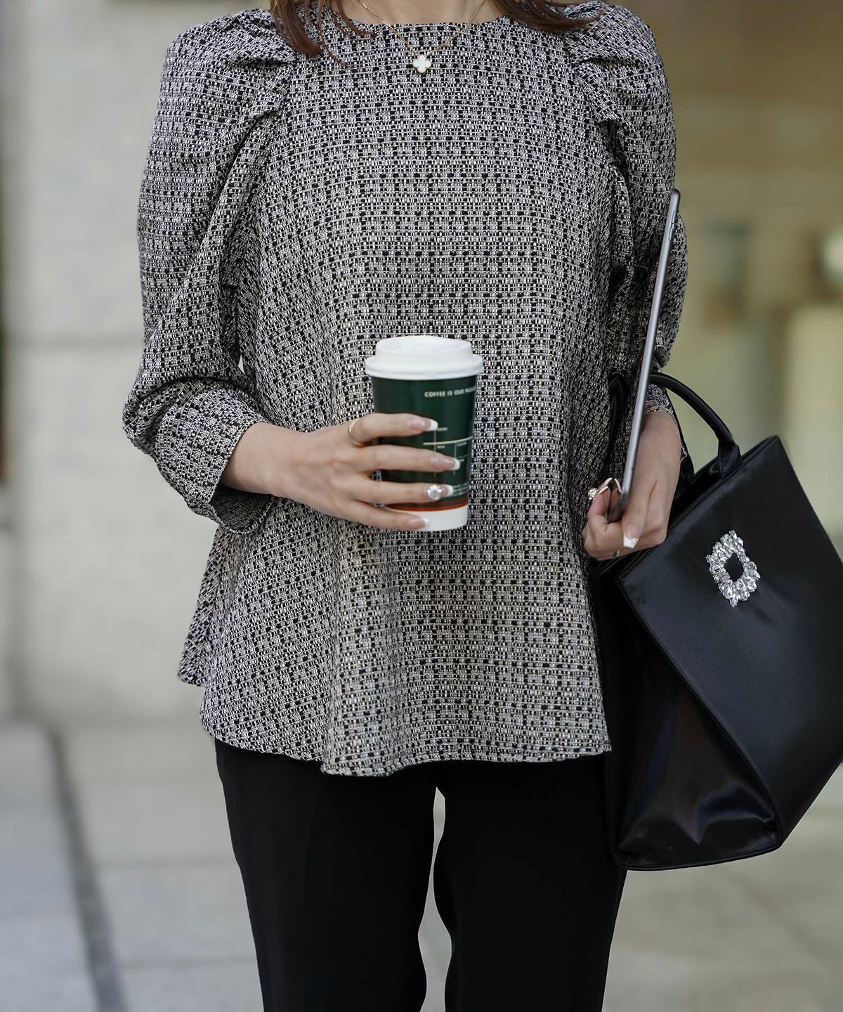 レディース/トップス/ブラウス/ツイード/春/夏/秋/冬/8分袖/グレー/ベージュ/ブラック/ホワイト/ネイビー