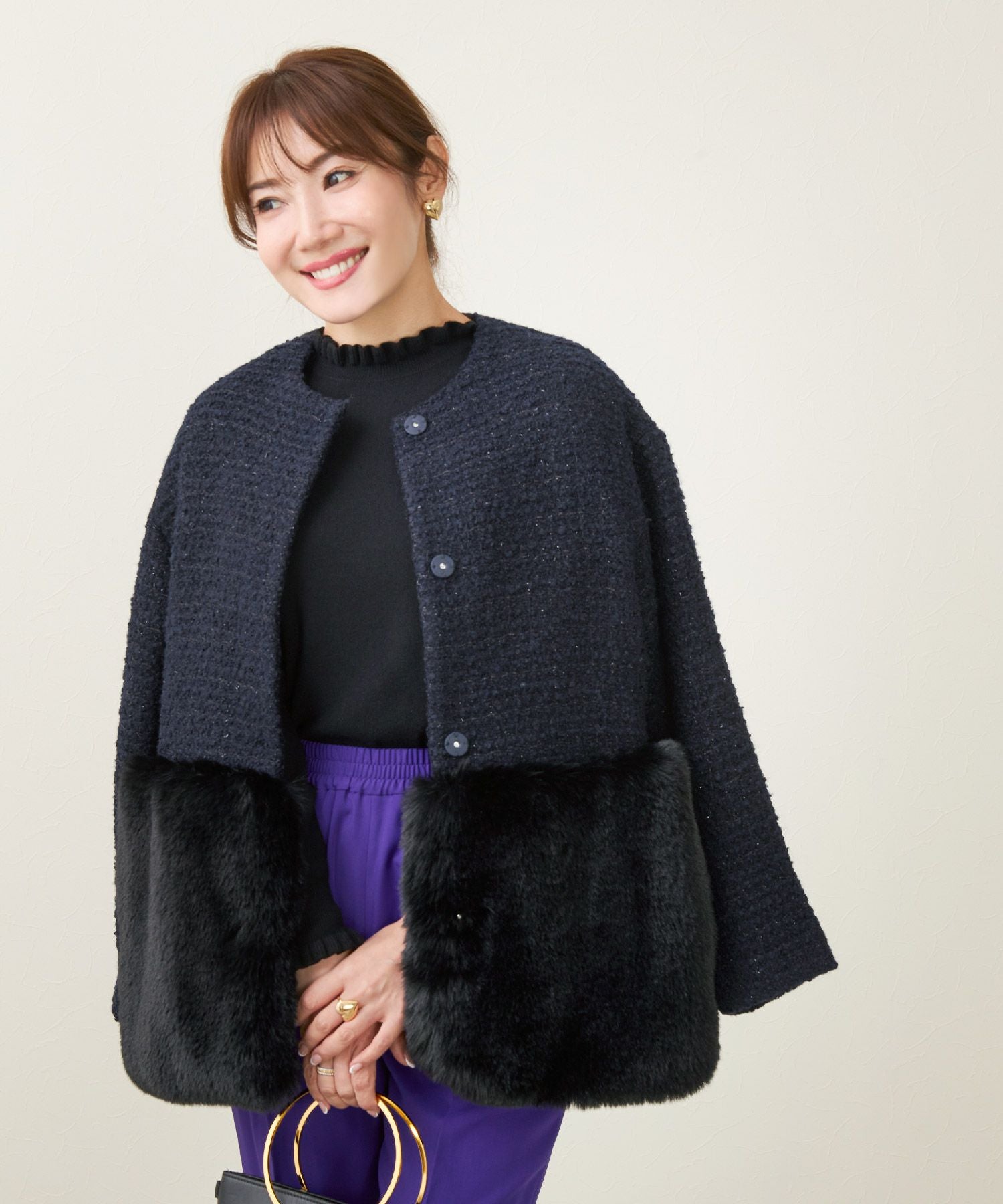 ツイード フェイクファー 切り替え コート Liala×PG 全3色｜lpg141