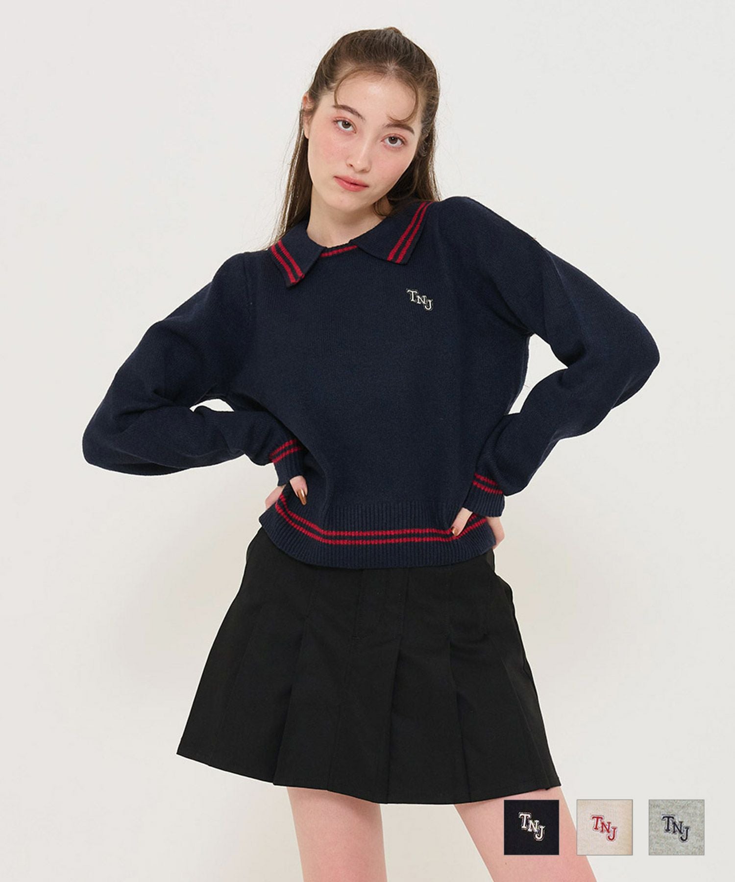 配色ライン入り 襟付きニットプルオーバー TINA：JOJUN 全3色｜tnj441