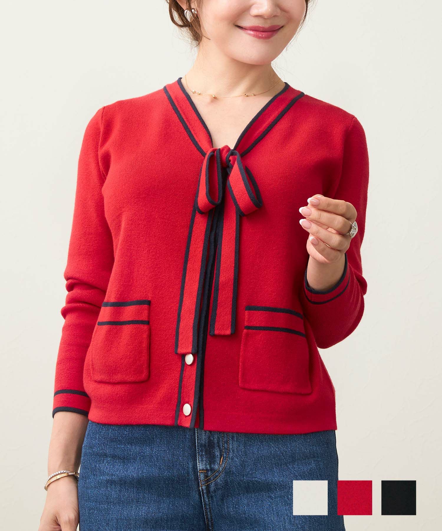 ボウタイ付き バイカラー ニット カーディガン Liala×PG 全3色｜lpg441