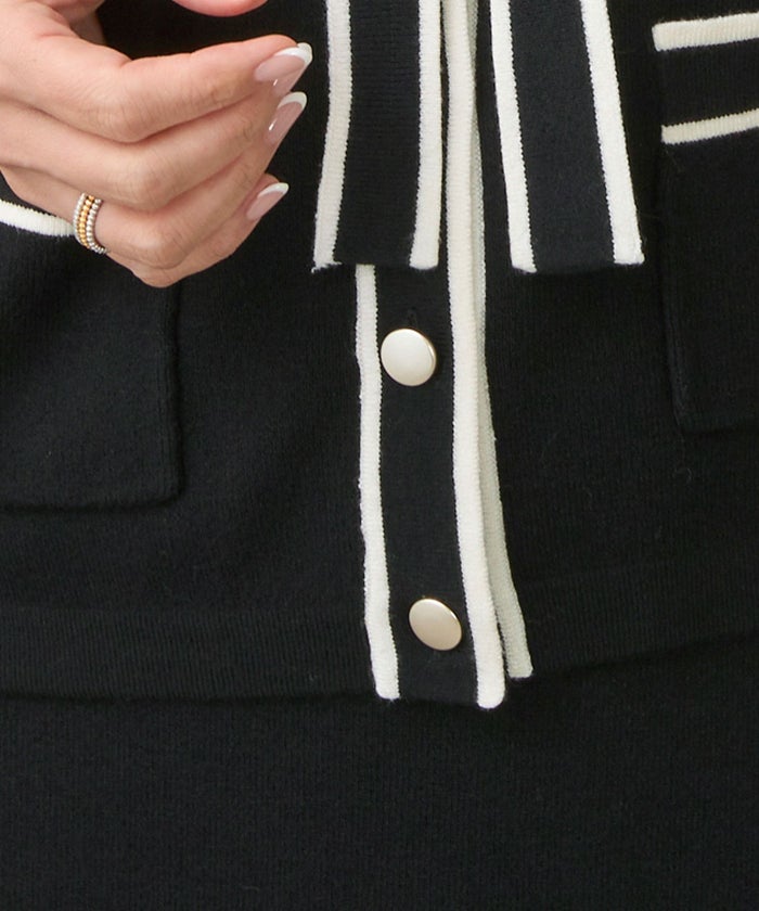 手洗い可/トップス/ニット/カーディガン/長袖/バイカラー/ボウタイ/ポケット付き/大人可愛い