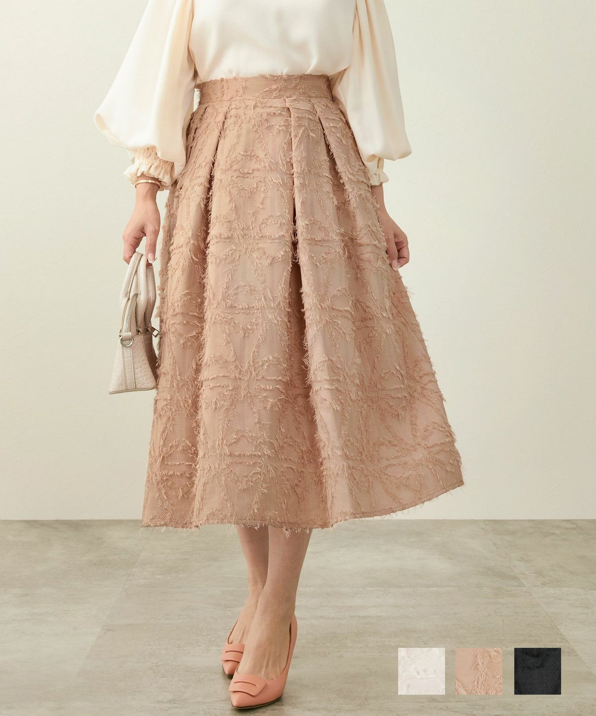 手洗い可 ボトムス スカート タック フレア ジャガード フラワーモチーフ 花柄 大人可愛い フラワーモチーフ ジャガード スカート Liala×PG