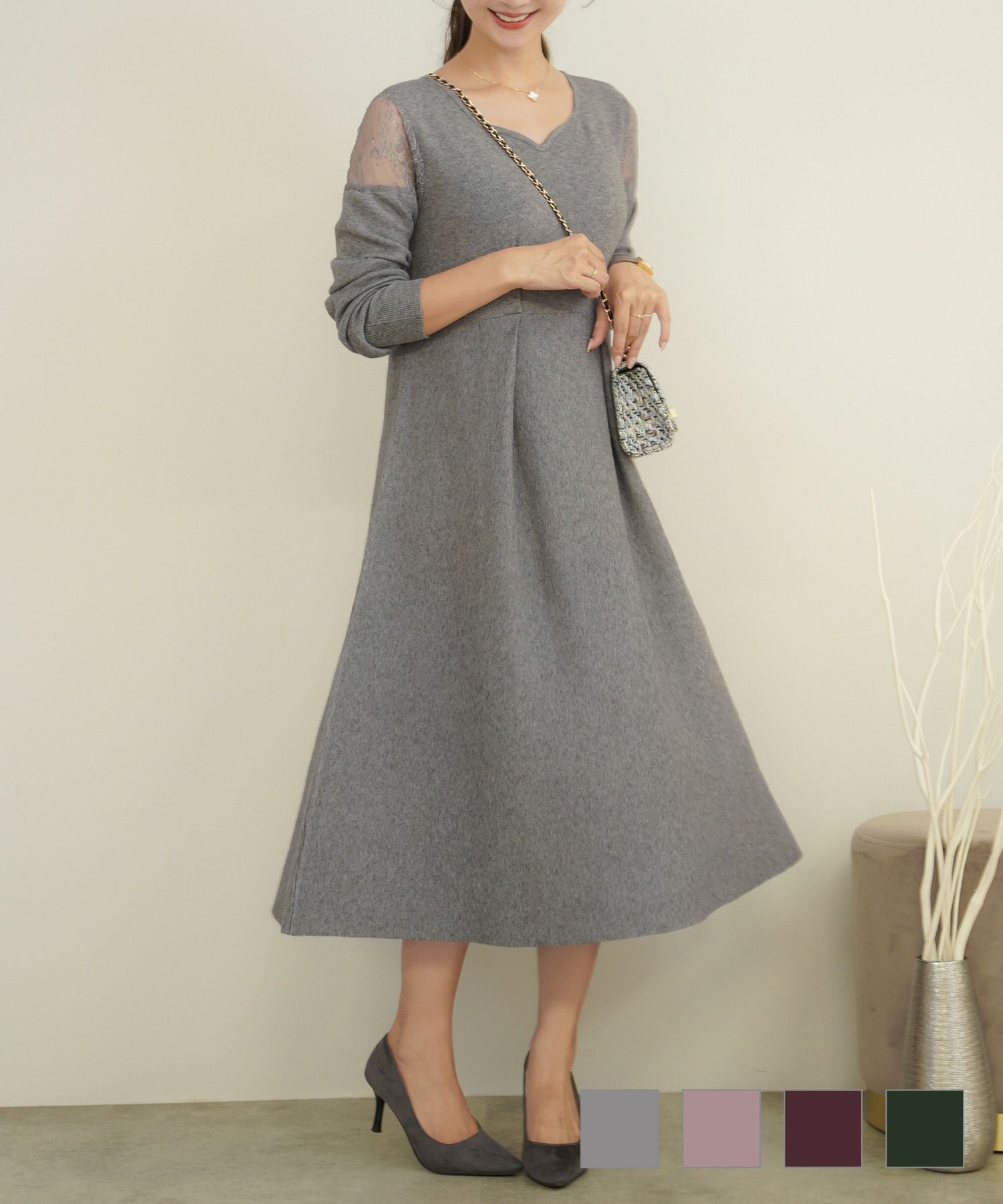 リルリル　ルネ　Rene グレー ニットワンピース ジップアップ 長袖 green label relaxing（グリーンレーベルリラクシング） ワンピース