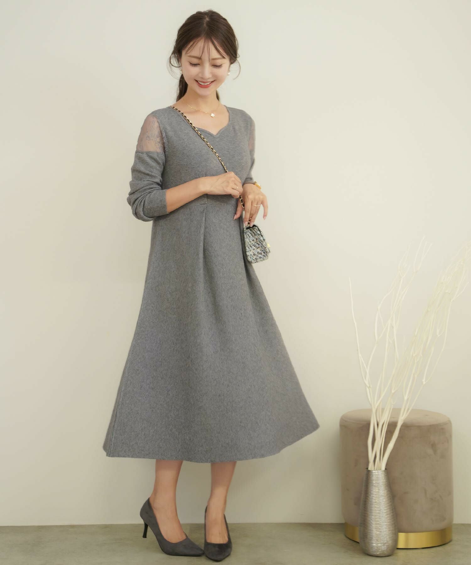 アパルトモン　Rib Knit ワンピース　グレー 肩レース バックリボン フレア ニット ワンピース le reve vaniller 全