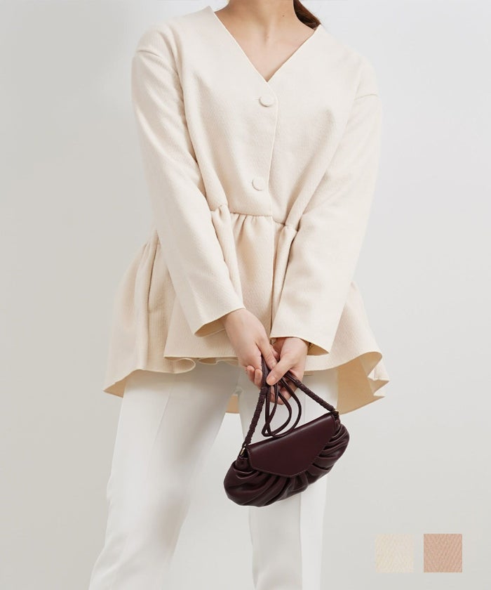 手洗い可 長袖 アウター ジャケット フレア ペプラム ノーカラー Vネック 大人可愛い ヘリンボーン ペプラム ジャケット Liala×PG