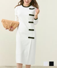 手洗い可 ニットワンピース サイドニットリボン バイカラー 配色 モノトーン 大人 可愛い 上品 リボン付き バイカラー ワンピース Liala×PG