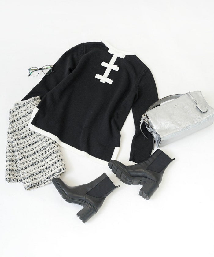 手洗い可/トップス/ニット/バイカラー/配色/バックリボン/スリット/大人/可愛い/上品