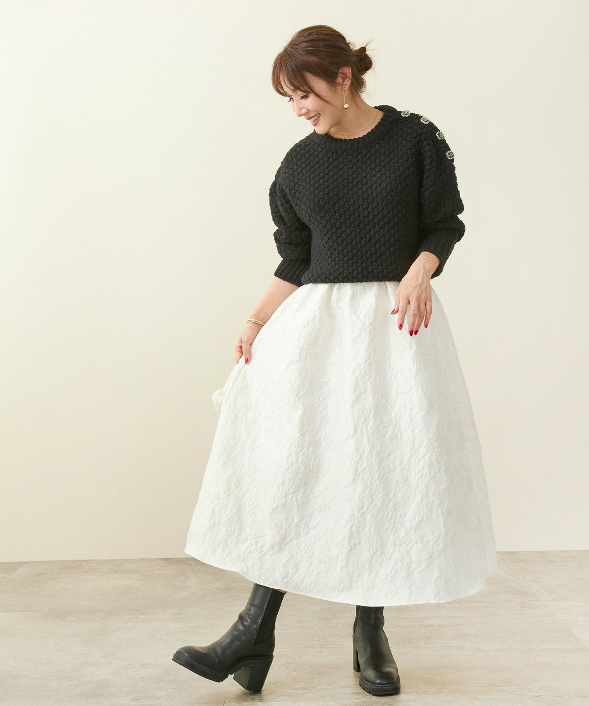 ボトムス/スカート/フレア/ロング/ジャガード/花柄/フラワーモチーフ/凹凸/大人/可愛い/上品