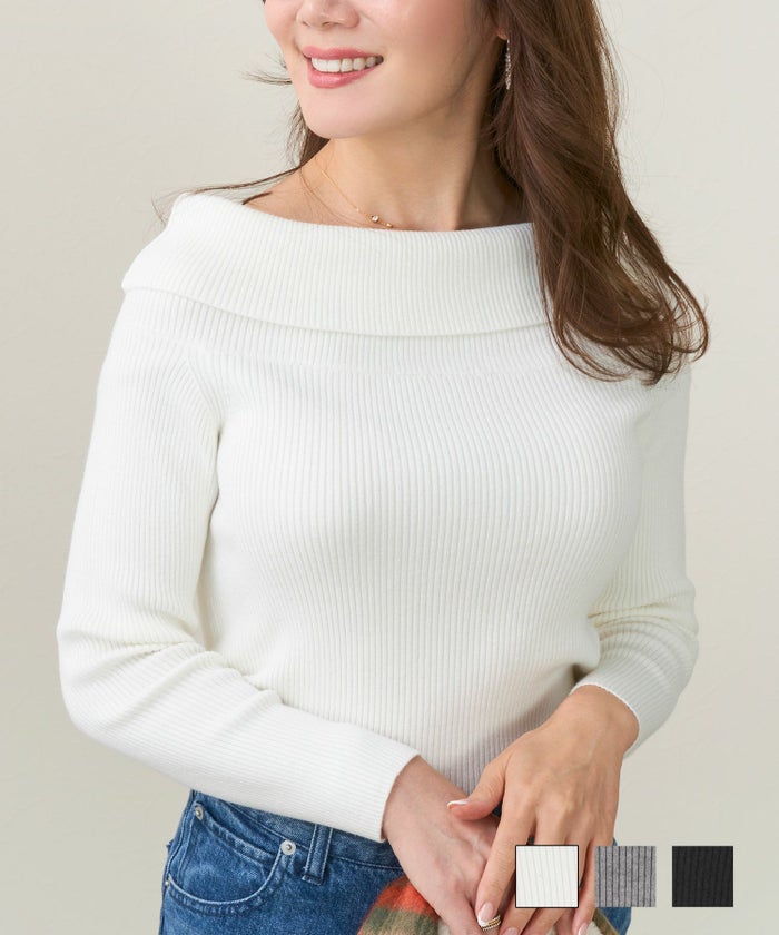 手洗い可 トップス オフショルダーネック リブニット 上品 可愛い フィット 長袖 ハイゲージ 大人可愛い オフショルダー リブ ニット 長袖 Liala×PG