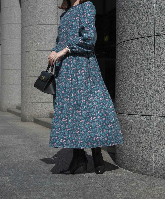 レディース/ワンピース/リバティ/木の実/Aライン/微起毛/長袖/秋/冬/ボルドー/ネイビー/ブラック