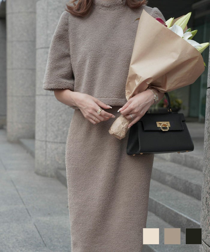 トップス セットアップ ボア プードル アイボリー モカ ブラック S M もこもこ プードル トップス HUIT