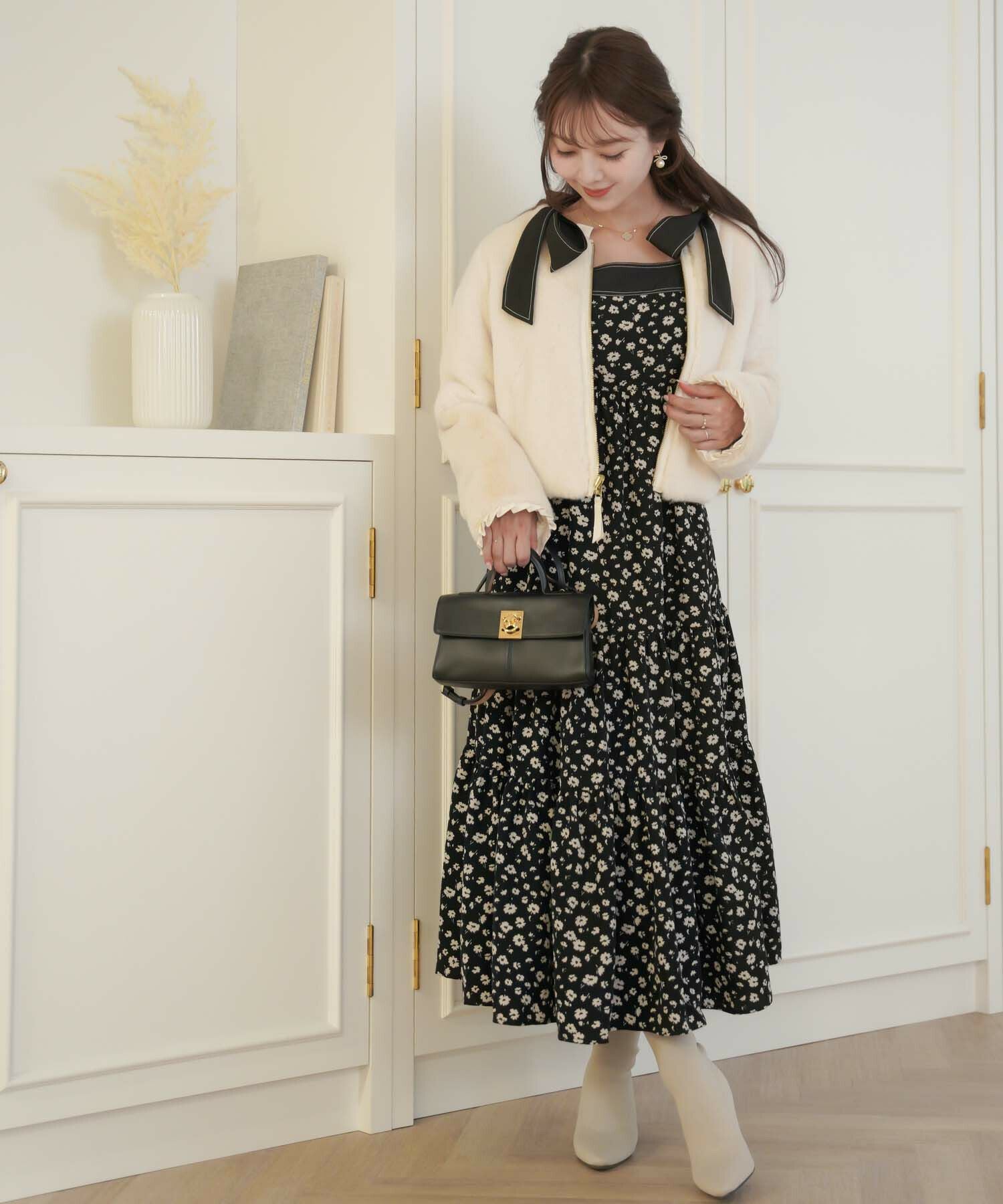 OUTLET-SALE フラワー 配色 肩リボン キャミワンピース le reve