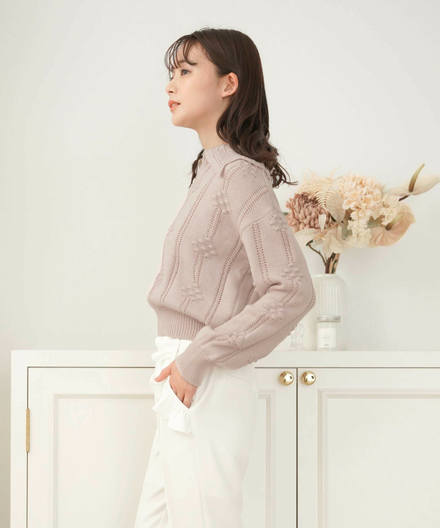 フラワー柄 スカラップ ハーフジップ ニット le reve vaniller 全5色