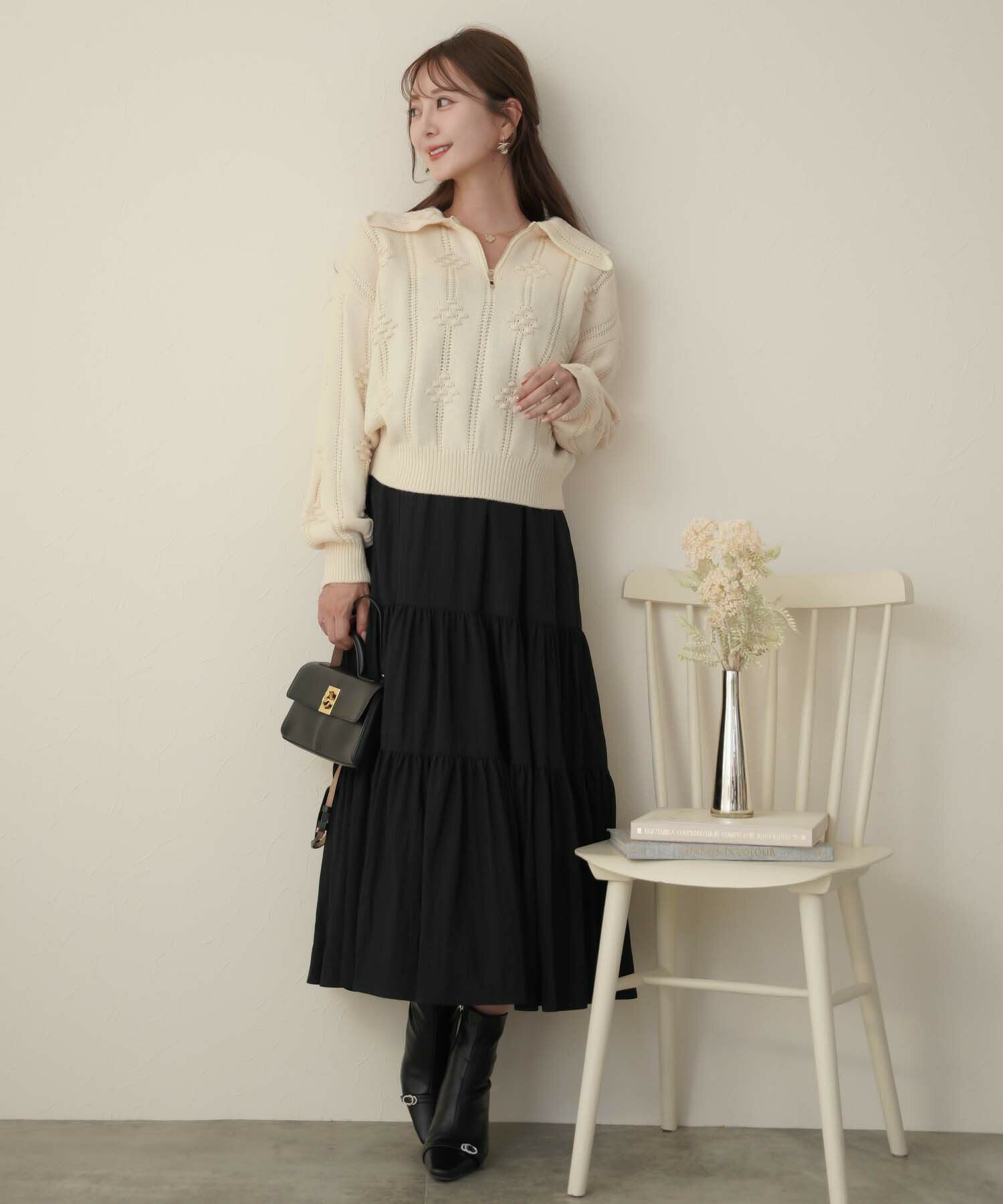 フラワー柄 スカラップ ハーフジップ ニット le reve vaniller 全5色