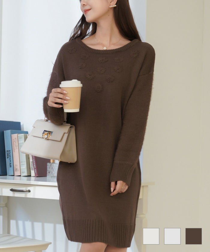 ワンピース ニット 花 刺繍 シャギー クルーネック 長袖 膝丈 フラワー 刺繍 シャギースリーブ ニット ワンピース le reve vaniller